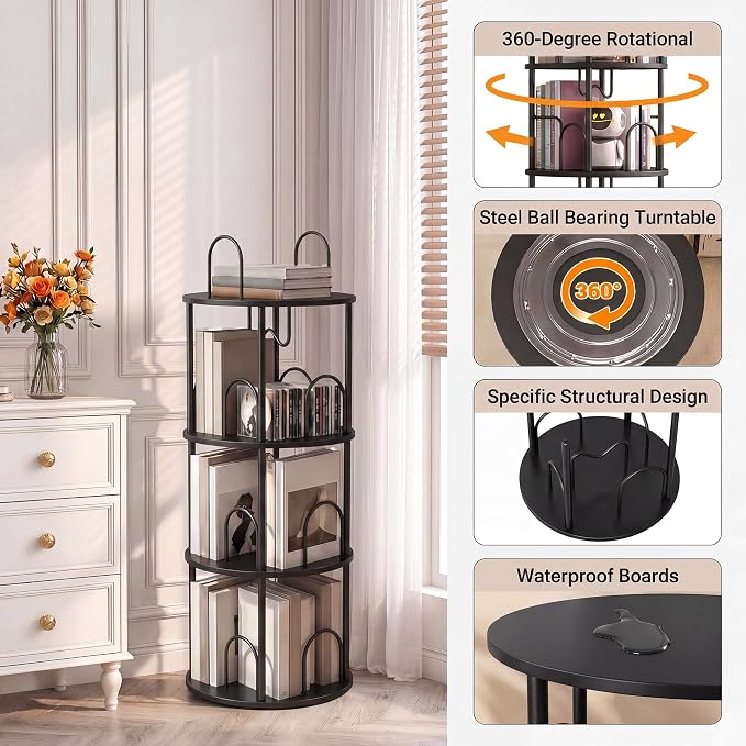 3 Tier Rotating Bookshelf, 360° Spinning Bookshelf Tower, Narrow Corner Book - Image 5