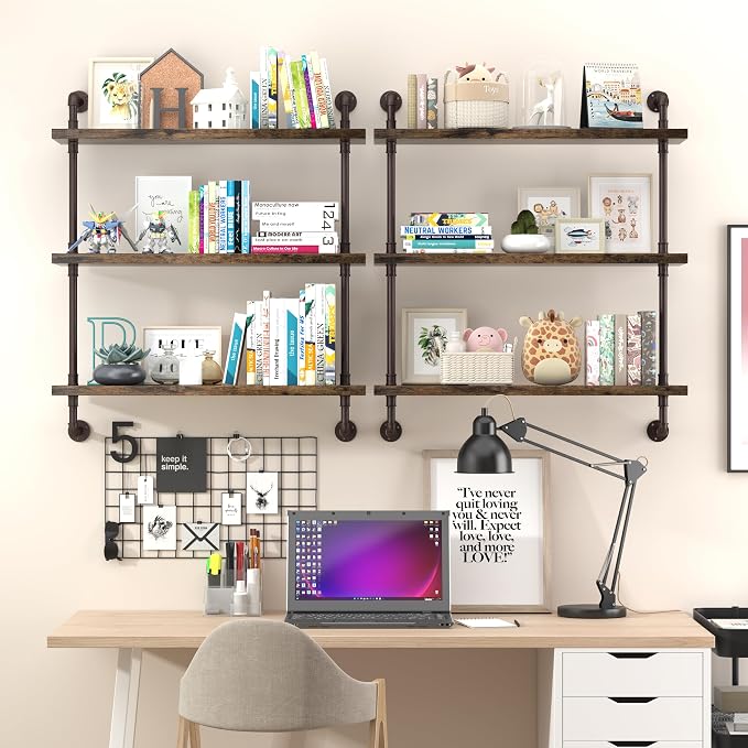 Helsin 3 Tier Industrial Pipe Shelf Rustic Wood Floating Wall Display Bookshelf - Image 5