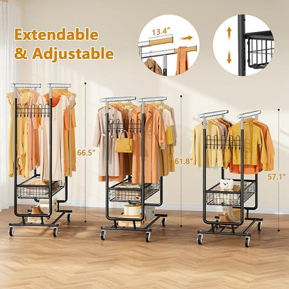 Heavy Duty Clothes Rack with Metal Basket, 720 LBS Rolling Double Rod Garment - Image 4