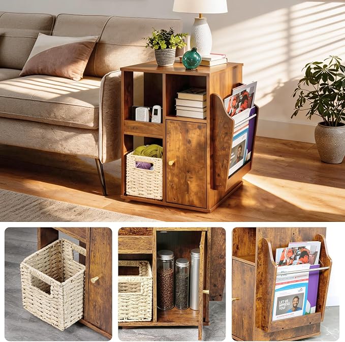 Square Rotating End Table with Storage, Rustic Brown | Side Table with Magazine - Image 8