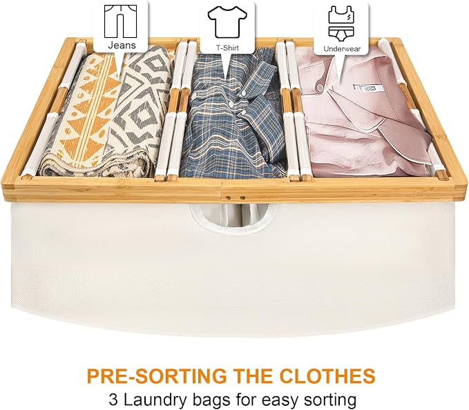 WOWLIVE 180L Laundry Hamper 3 Section, Bamboo Laundry Basket - Image 4