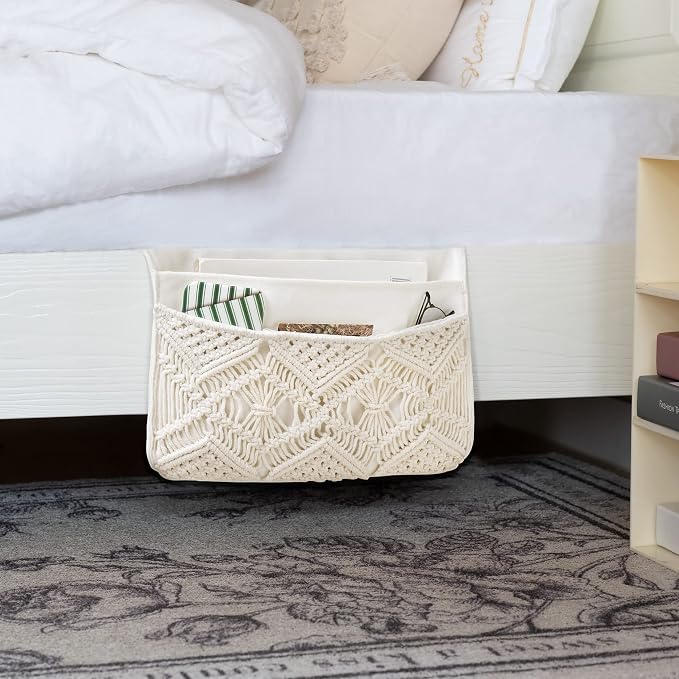 Mkono Macrame Bedside Caddy Storage Organizer Boho Remote Control Tablet - Image 2