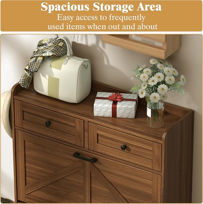 Thacuok Shoe Cabinet with 2 Flip Drawers & 2 Storage Drawers, Rustic Farmhouse - Image 4