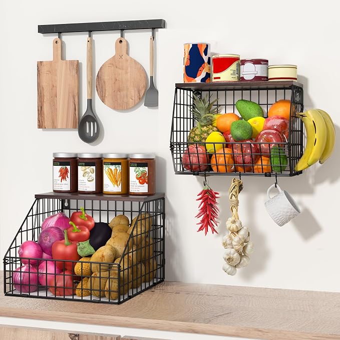 Fruit and Vegetable storage, 2 Set Wall Mounted Wire Baskets, Fruit Basket - Image 5