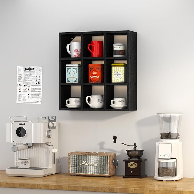 Helsin 9 Grid Vintage Coffee Mug Display Rack, 16inch Wall Mounted Wooden Curio - Image 3