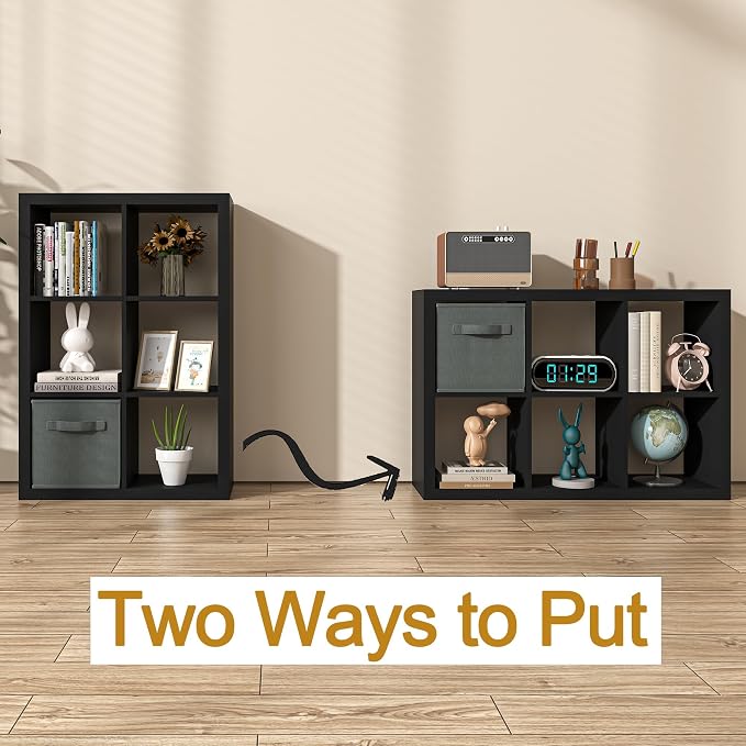 furtble Bookshelf with Storage Bins, 6 Cube Storage Organizer, Modern Wood - Image 4