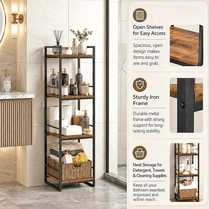 BYFU 4 Tier Bathroom Storage Open Shelf Rustic Brown Metal Corner Rack | 46.1" - Image 6