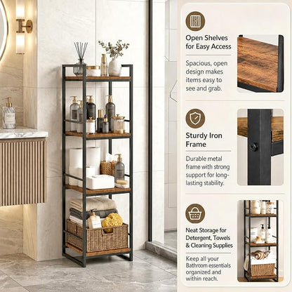 BYFU 4 Tier Bathroom Storage Open Shelf Rustic Brown Metal Corner Rack | 46.1" - Image 6