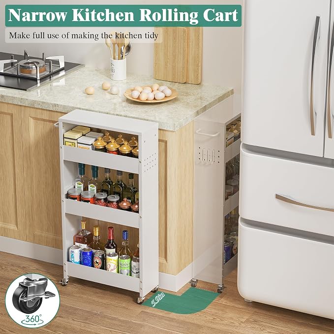 Slim Storage Cart, 4-Tier Kitchen Rolling Cart Narrow Storage Cabinet - Image 3