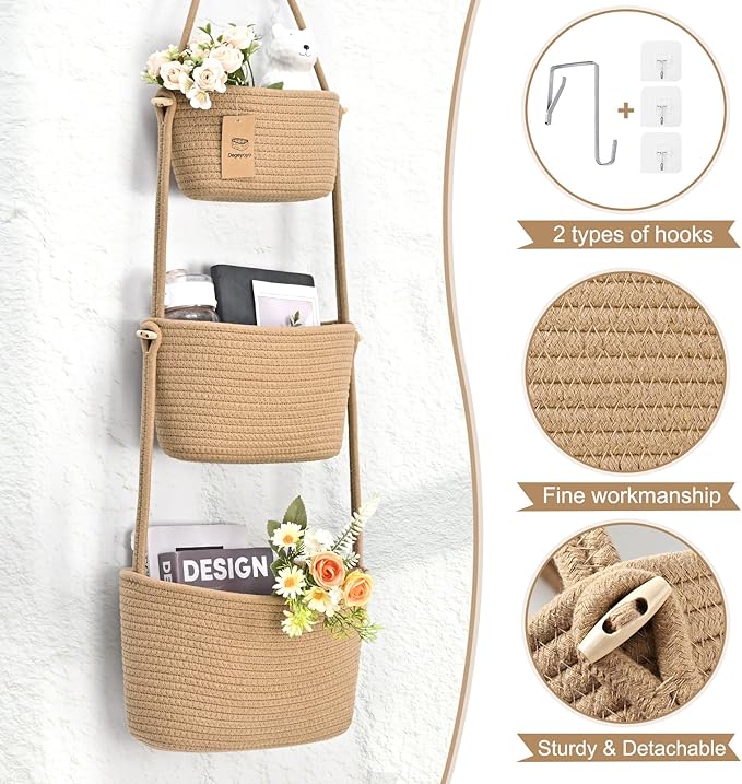 Hanging Basket, 3-Tier Woven Wall Basket - Image 6