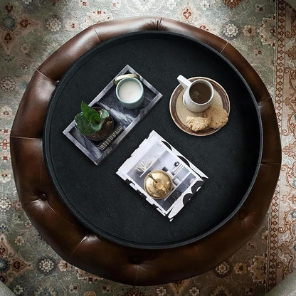 HofferRuffer Large Round Serving Tray 24'', Elegant Faux Leather Circle Ottoman - Image 7