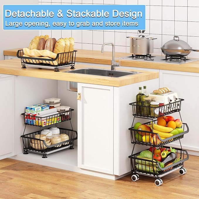 3-Tier Rolling Pantry Floor Organizer, Stackable Pantry Storage Cart - Image 2