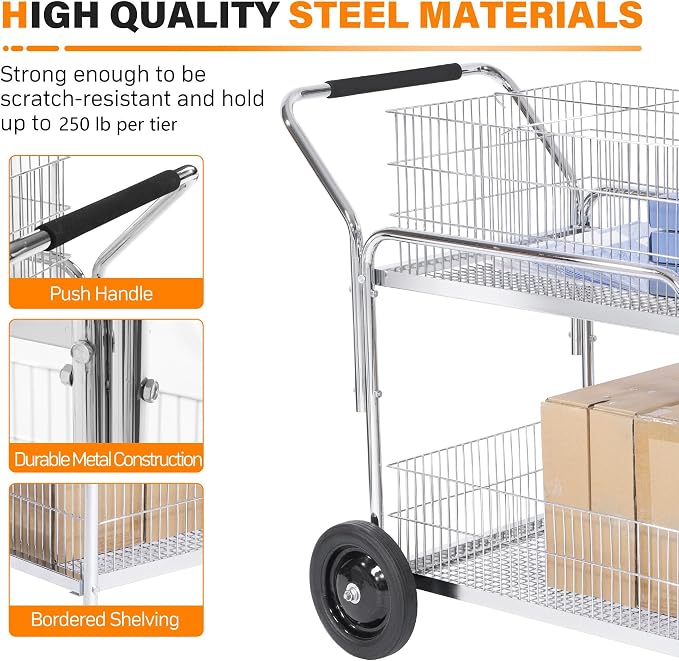 Mail Office File Cart, 400lb Capacity Heavy Duty Steel File Organizer Cart - Image 3