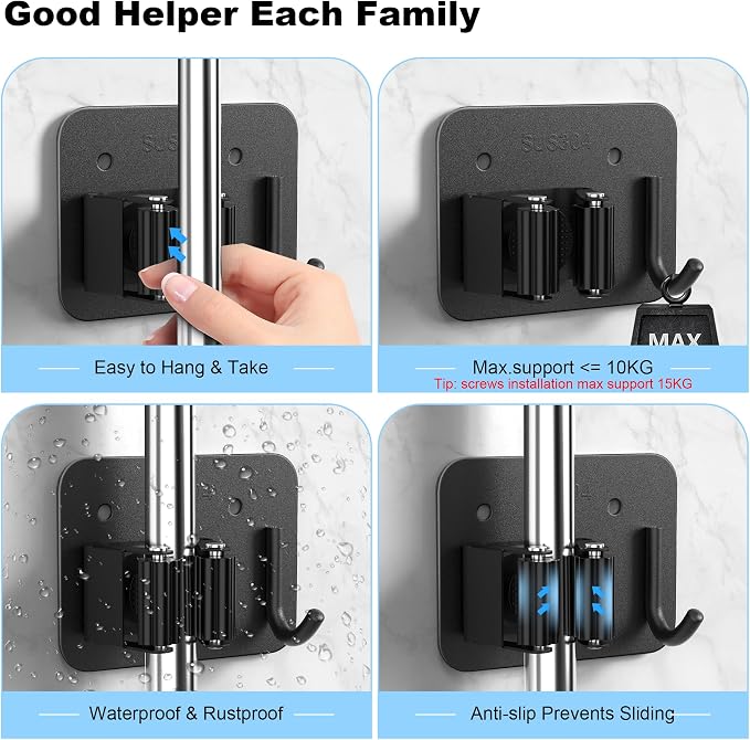 2 Pack Broom Holder Wall Mount, 304 Stainless Steel Mop Organizer - Image 5