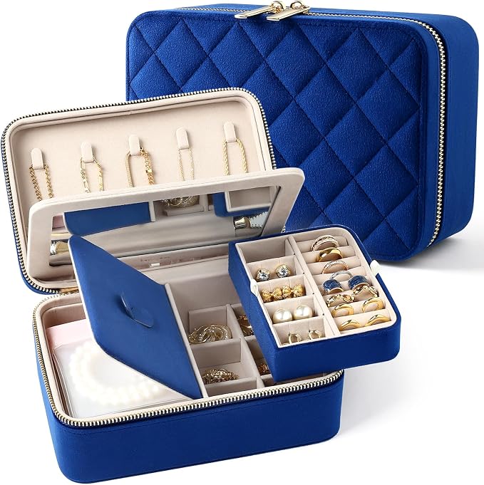 Velvet Travel Jewelry Box with Large Mirror, Double-Layer Jewelry Organizer Case by Lumayina