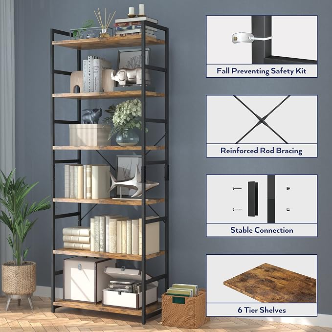 NUMENN 6 Tier Bookshelf, Tall Freestanding Open Storage Bookcase, Vintage | - Image 6