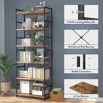 NUMENN 6 Tier Bookshelf, Tall Freestanding Open Storage Bookcase, Vintage | - Image 6