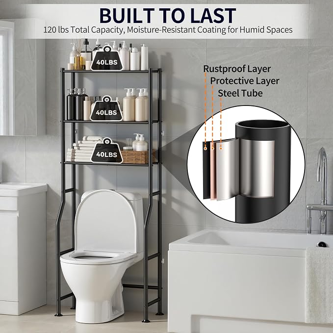 3-Tier Over The Toilet Storage, Freestanding Metal Bathroom Shelves, Space - Image 6