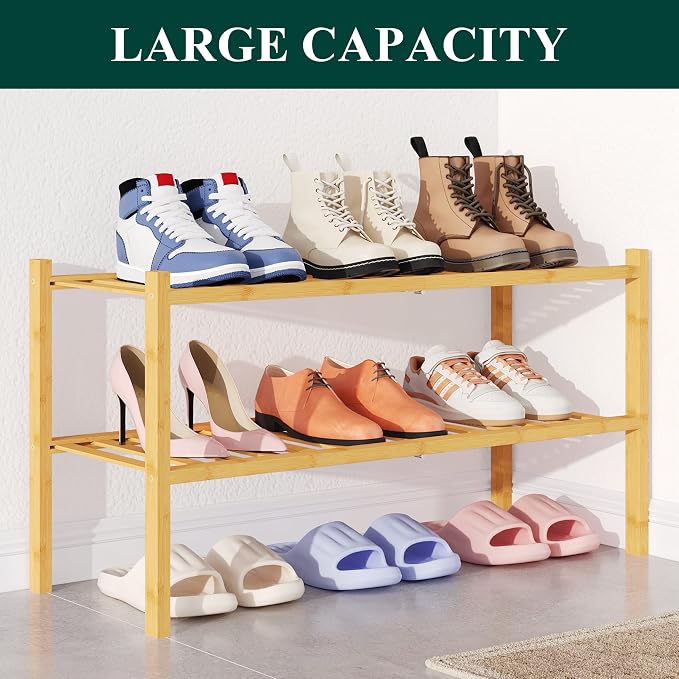 Smiry Bamboo Shoe Rack for Closet, 2 Tier Wooden Stackable Shoe Organizer - Image 5