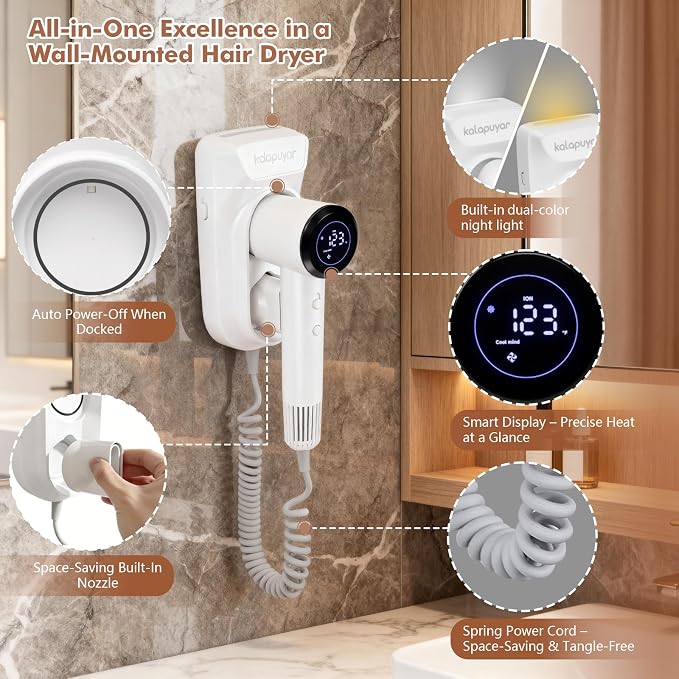 2025 Wall-Mount Hair Dryer 4 Heat 2 Speed Settings High-Speed 1600W Bathroom - Image 5