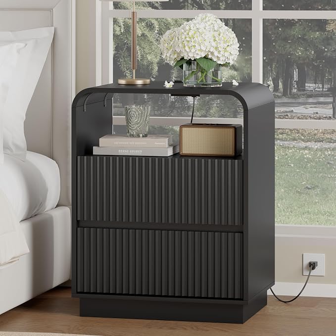 Black Nightstand with Charging Station, Mid Century Modern Bedside Table & End by WODEER