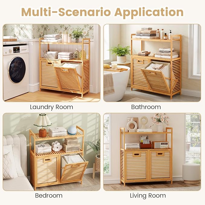 Giantex Double Tilt Out Laundry Hamper w/2-Tier Storage Shelf | 14 Gal Bamboo - Image 8