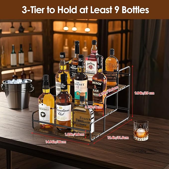 Nuovoware Liquor Bottle Display Shelf, 3-Tier Liquor Shelf, Carbon Steel Bar - Image 2