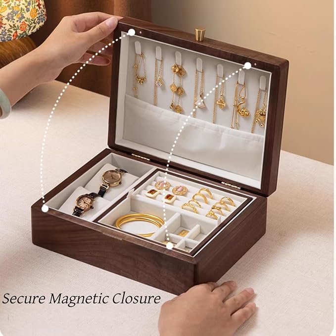 Bescott 2 Layer Solid Black Walnut Wooden Jewelry Box - Image 5