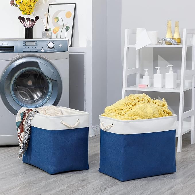 Bidtakay Large Canvas Organization Bins Set of 2 Navy Blue Rectangular Baskets - Image 2