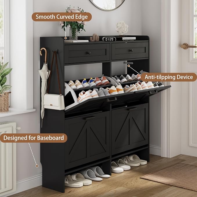 Shoe Cabinet with 4 Flip Drawers & 2 Top Drawers, Hidden Slim Shoe Rack - Image 5