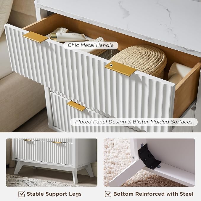 T4TREAM Fluted 3 Drawers Nightstand Set of 2, Oversized Extra Large Modern Side - Image 6