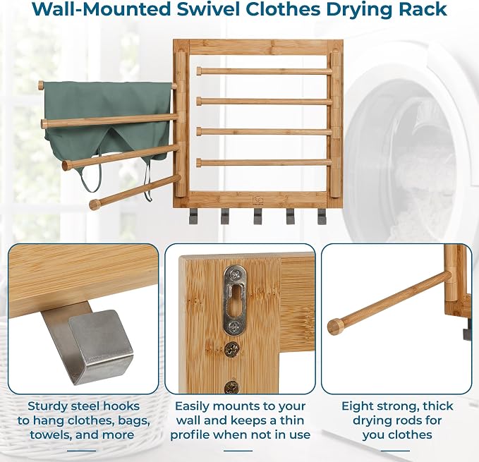 Honey-Can-Do Bamboo Wall-Mount Swivel-Arm Drying Rack, 80 lb, Natural | - Image 6