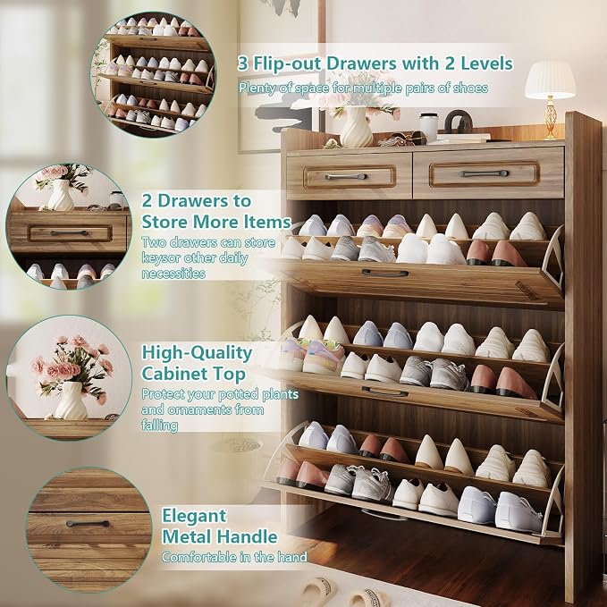 Shoe Cabinet with 3 Large Flip Drawers and 2 Storage Drawers, Narrow Shoe - Image 4
