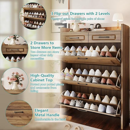 Shoe Cabinet with 3 Large Flip Drawers and 2 Storage Drawers, Narrow Shoe - Image 4