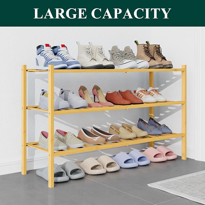 Smiry Bamboo Shoe Rack for Closet, 3 Tier Long Wooden Stackable Shoe Organizer - Image 5
