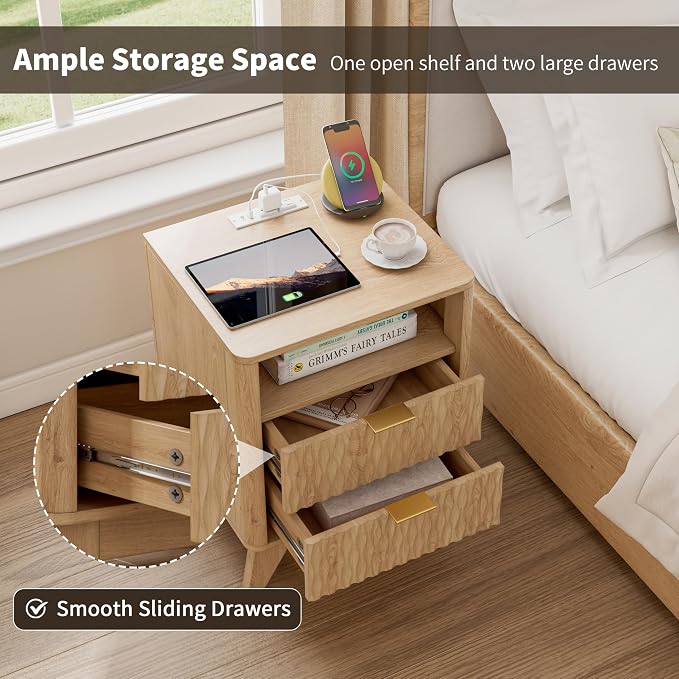 Fluted Nightstand with Charging Station, Bedside Table - Image 4