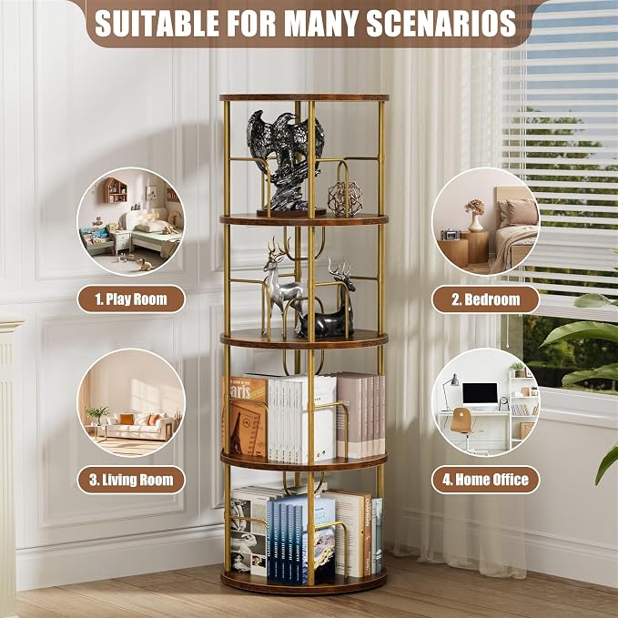 Flycity 4 Tier Rotating Bookshelf, 360° Corner Bookshelf Tower, Round Revolving - Image 7