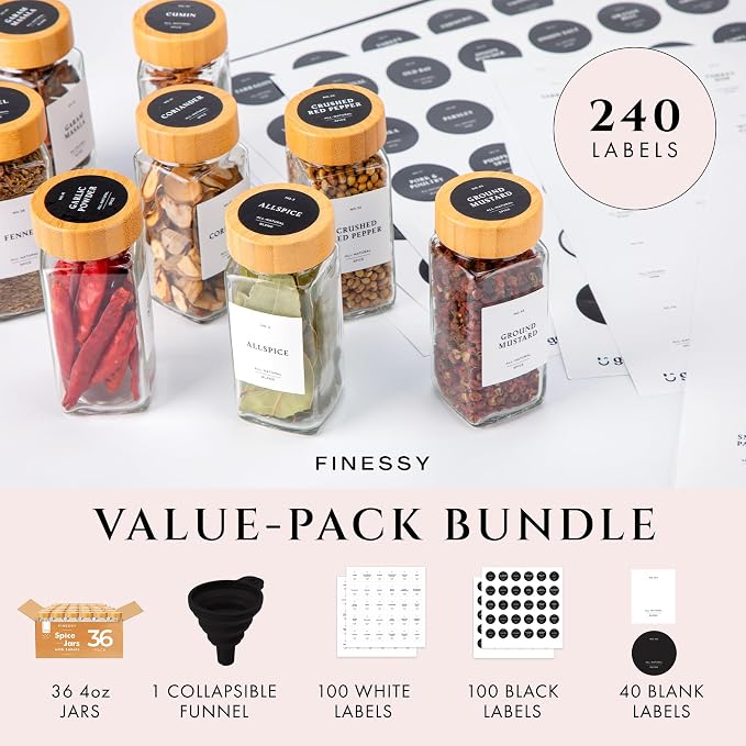 FINESSY Glass Spice Jars with Label with Bamboo Lids 36 Pack Set, 4oz Empty - Image 4