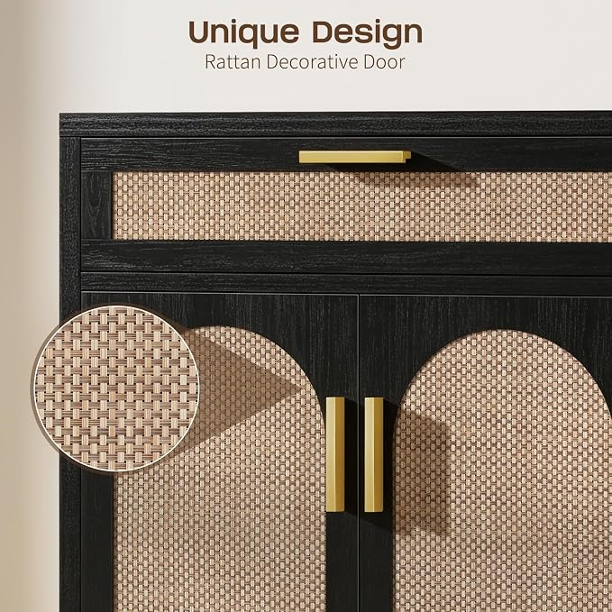 Rattan Buffet Cabinet with Storage, Sideboard Cabinet with Doors and Shelves - Image 3