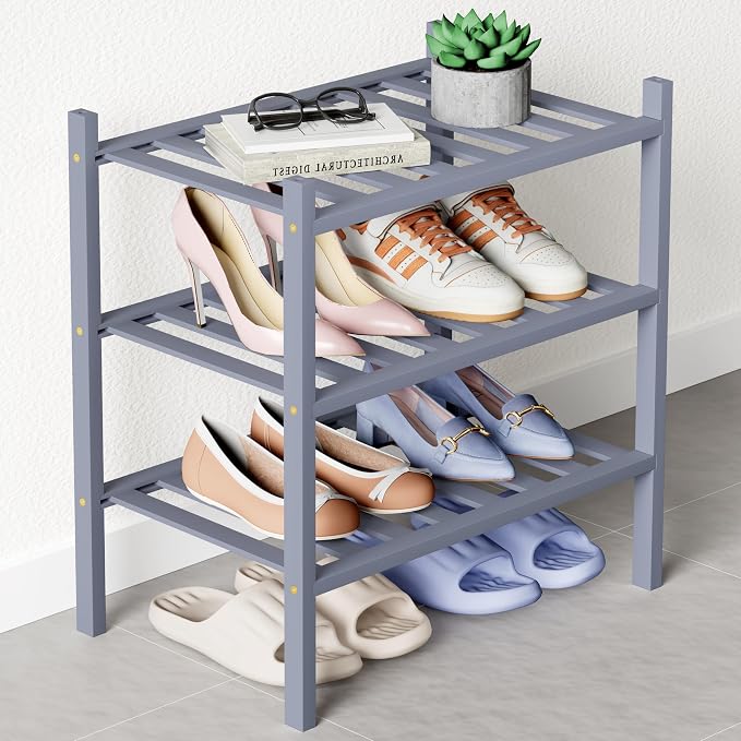 Smiry Bamboo Shoe Rack for Closet, 3 Tier Small Wooden Stackable Shoe Organizer by Smiry