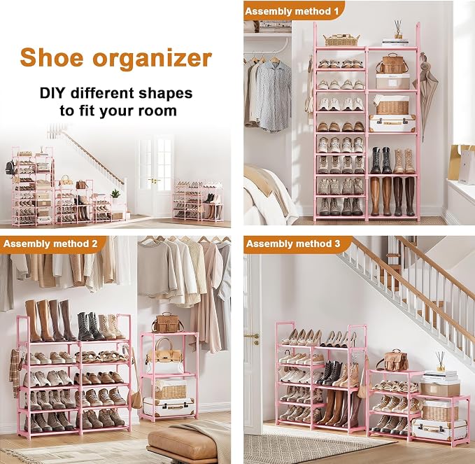 WOWLIVE 9 Tier 2-Column Shoe Rack, 30-35 Pairs Stackable Pink | Compact 33.75in - Image 5
