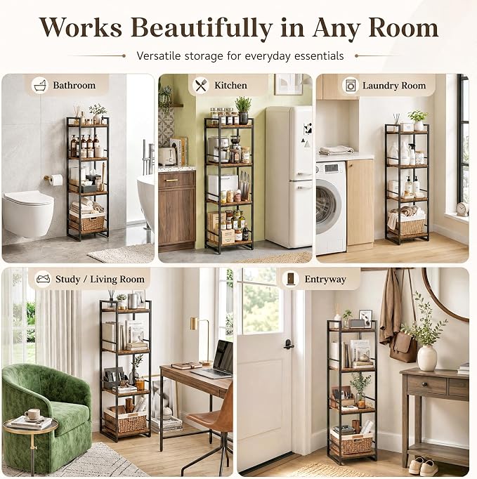 BYFU 4 Tier Bathroom Storage Open Shelf Rustic Brown Metal Corner Rack | 46.1" - Image 7