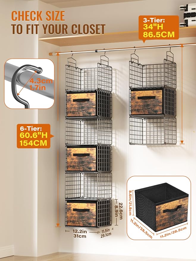 Closet Hanging Organizer with Drawers, 6 Tier Metal Closet Organizers and - Image 2