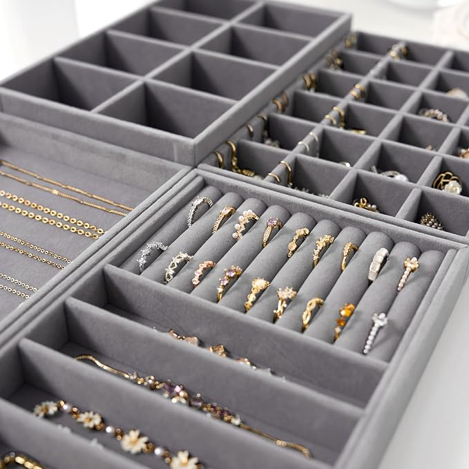 Velvet Jewelry Drawer Organizer Trays – Grey Stackable Jewelry Storage Inserts - Image 6