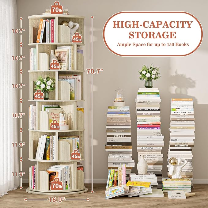 Aheaplus 6 Tier Rotating Bookshelf, Wood Spinning Bookshelf Tower, Round - Image 2