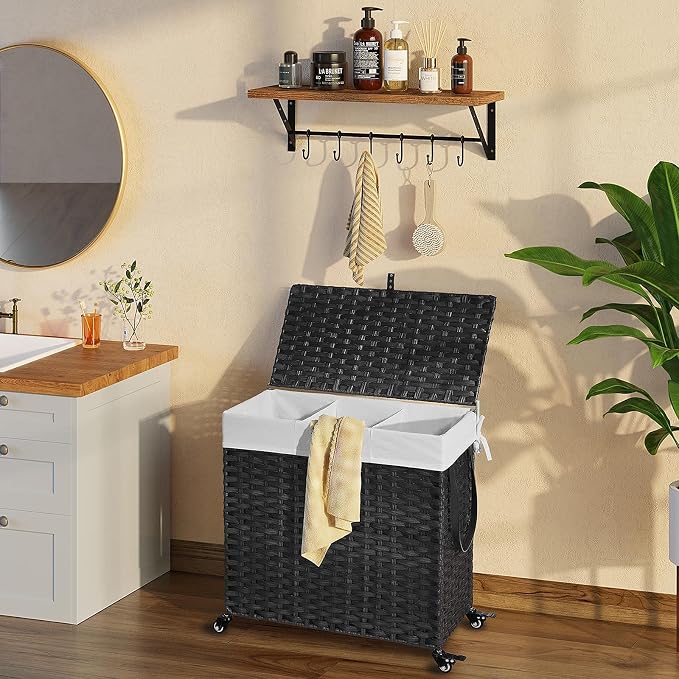 Greenstell Laundry Hamper with Wheels&Lid, 130L Large 3 Sections Clothes Hamper - Image 2