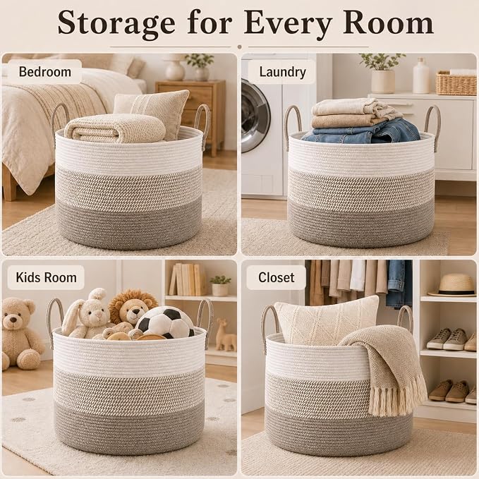 JMvicyroam 65L Extra Large Machine Washable Cotton Rope Blanket Basket | - Image 5
