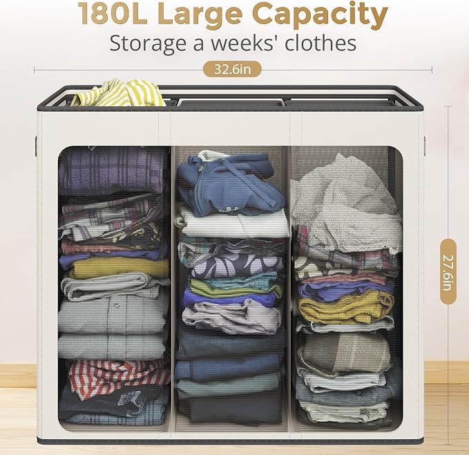 180L Laundry Hamper 3 Section, Large Laundry Basket - Image 7