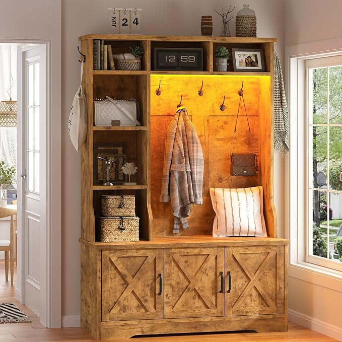 CSZZD Hall Tree with Bench and Shoe Storage, Farmhouse Entryway Bench with Coat - Image 8