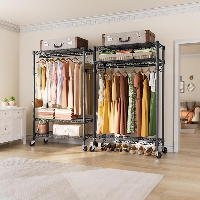 Heavy Duty Clothes Rack Rolling Garment Rack, 3 Tier Adjustable Wire Shelving - Image 2
